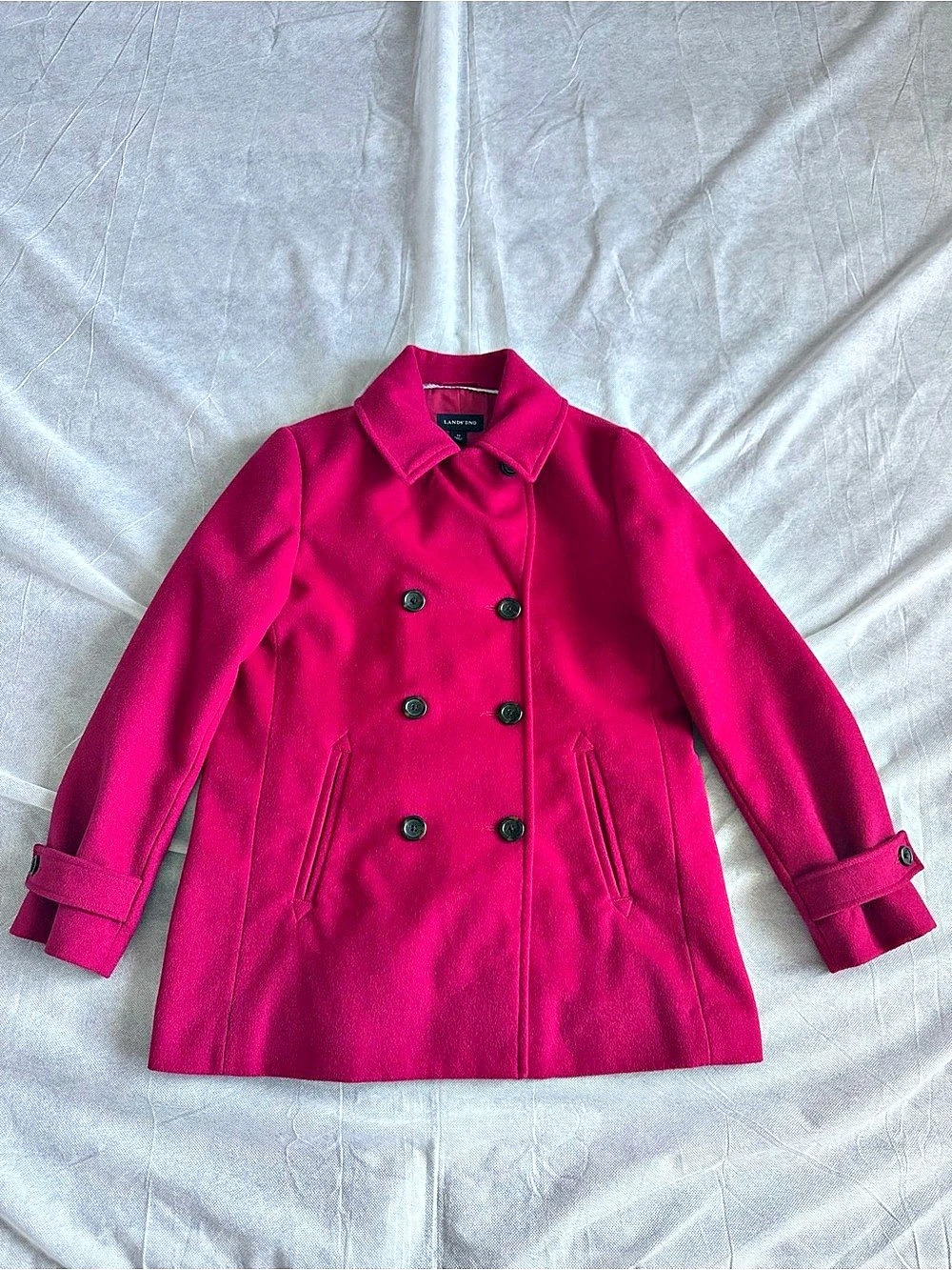 Lands End Pink Wool Coat Double Breasted Pea Coat Womens Size 12 Overcoat